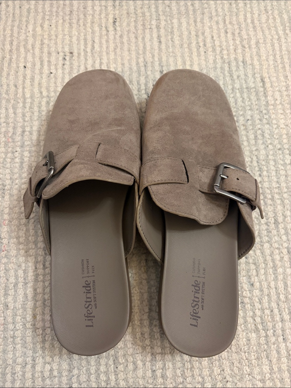 LifeStride Taupe Suede Slip-On Buckle Mules